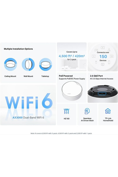 TP-LINK Deco X50-PoE(2-pack), AX3000 PoE Destekli Tüm Ev Mesh WiFi 6 Sistemi