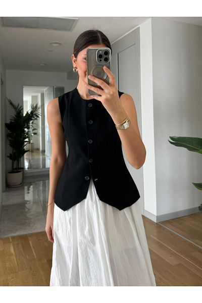 My Blog Buttoned Front Black Cotton Vest