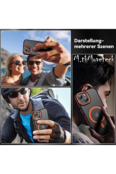 m.tk moveteck İphone 15 Kılıf Mat Magsafe Turuncu Moda Detaylı Metal Renkli Çerceveli Kamera Çıkıntılı Hassas Buto
