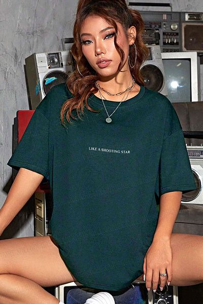 Teenage Millionaire Tricou casual oversize pentru damă, verde petrol, cu imprimeu dragon - decolteu