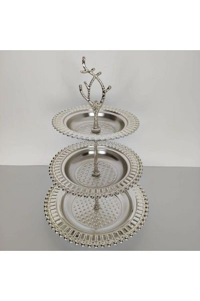 İnova Home Decor Round Silver Colored Magnolia Serving Tray - Three Tiers