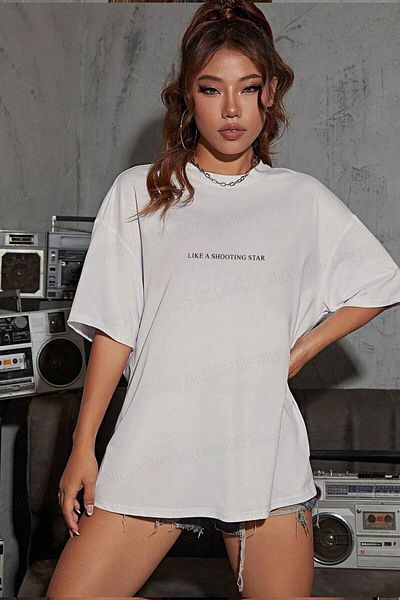 Teenage Millionaire Εκρού Χρώμα Γυναικείο Oversize Casual T-Shirt - Dragon Printed, Crew Neck