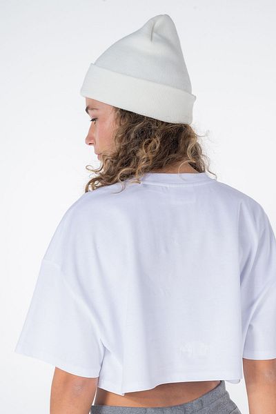 Friday Offset Tricou alb pentru femei, 100% bumbac, extra supradimensionat - decolteu crop moale