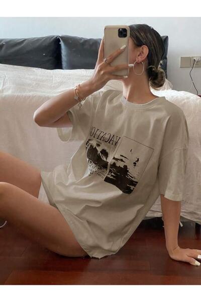 AFROGİYİM Γυναικείο μπλουζάκι Oversize με στάμπα Landscape - Διακοπές