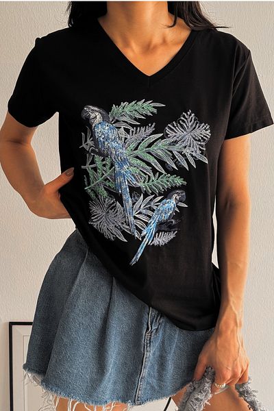 FEMELLE Decolteu în V negru - Tricou pentru femei 100% bumbac, cu paiete brodate cu paiete