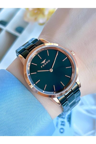 FERRO Black/Rose 3 Atm Special Design - Women's Steel Band Wristwatch BF21124AWT-R