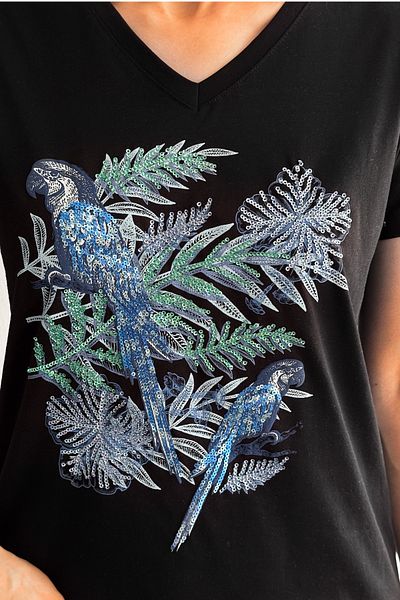 FEMELLE Decolteu în V negru - Tricou pentru femei 100% bumbac, cu paiete brodate cu paiete