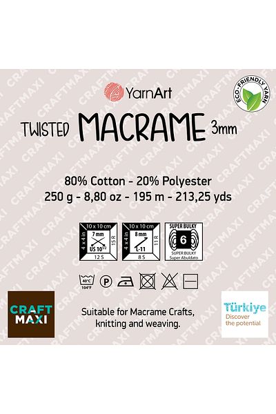 Yarnart Twisted Macrame 3 Mm - Μακραμέ Χέρι Πλεκτό Νήμα Κρέμα-752