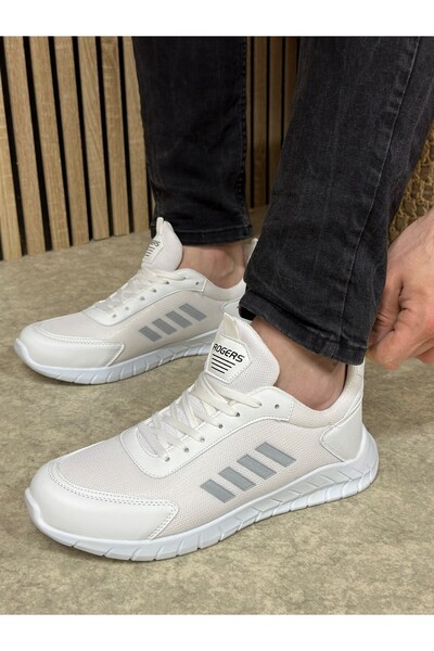 Nstil Чоловічі біло-сірі кросівки на шнурівці з сіткою та еластичною підошвою, зручні та з деталями швів, для прогулянок та спорту, розмір 1453