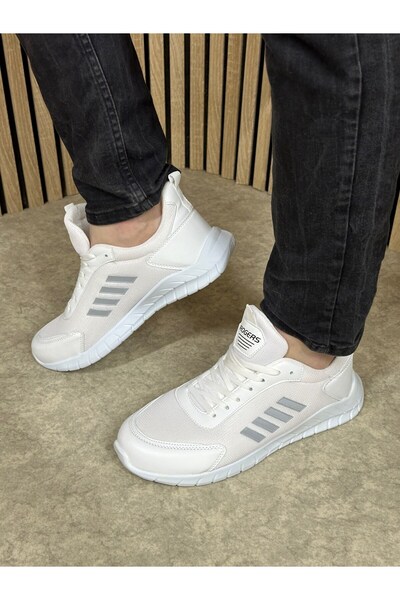 Nstil Чоловічі біло-сірі кросівки на шнурівці з сіткою та еластичною підошвою, зручні та з деталями швів, для прогулянок та спорту, розмір 1453