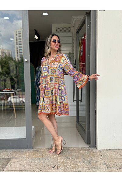 ROZELLA patchwork Kloş Elbise Turuncu Mini ELbise