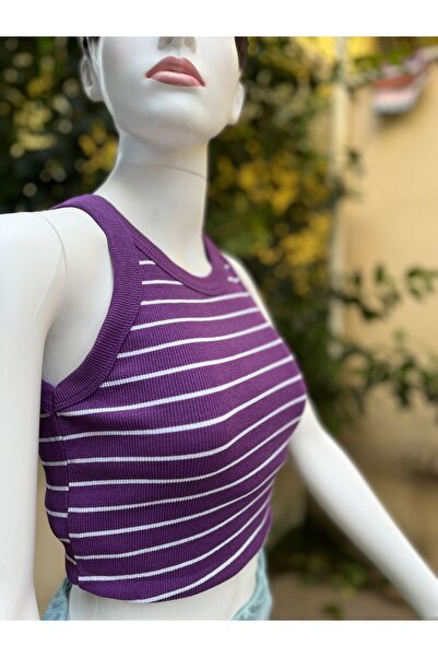 Çizgili Sıfır Kol Kaşkorse Crop Bluz