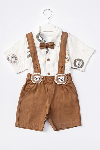 ADABEBEK Lion Embroidered Muslin Shirt Baby Set - Bow Tie Salopet 501