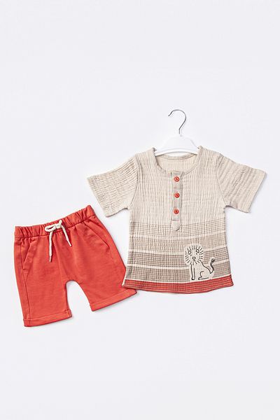 ADABEBEK 2-Piece Muslin Set for Baby Boy - Buttoned Front, Pocket and Elastic Waist Lion Pattern 503