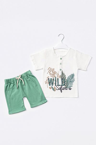 ADABEBEK Baby Boy Set - Front Button, Elastic Waist, Palm Safari Pattern 502