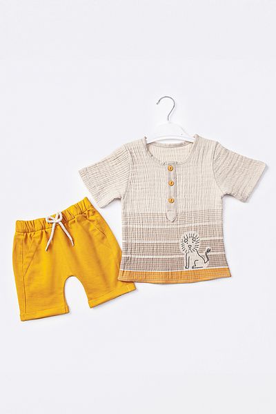 ADABEBEK 2-Piece Muslin Set for Baby Boy - Buttoned Front, Pocket and Elastic Waist Lion Pattern 503