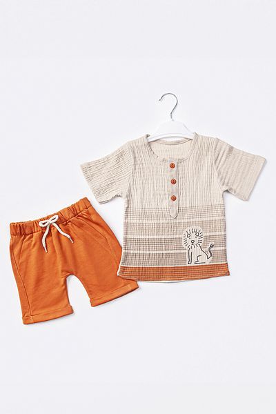 ADABEBEK 2-Piece Muslin Set for Baby Boy - Buttoned Front, Pocket and Elastic Waist Lion Pattern 503