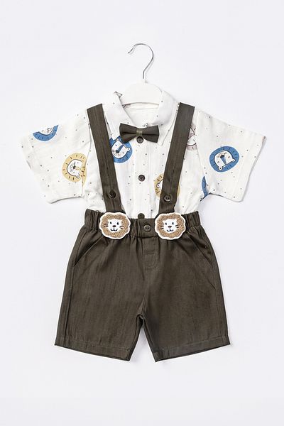 ADABEBEK Lion Embroidered Muslin Shirt Baby Set - Bow Tie Salopet 501