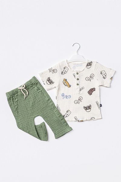 ADABEBEK Cars Patterned Muslin Set of 2 for Baby Boy - Front Buttoned and Elastic Leg 504