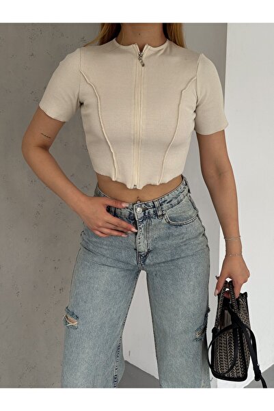 QUTTA Μπεζ Κοτλέ Crop Body - Αντίστροφη ραφή, κοντό μανίκι και λεπτομέρεια με φερμουάρ