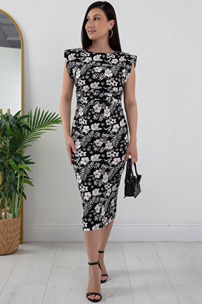 PULLIMM Omuz Vatkalı Çiçekli Elbise NY4267