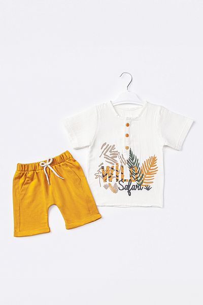 ADABEBEK Baby Boy Set - Front Button, Elastic Waist, Palm Safari Pattern 502