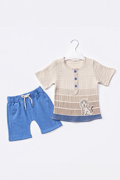 ADABEBEK 2-Piece Muslin Set for Baby Boy - Buttoned Front, Pocket and Elastic Waist Lion Pattern 503