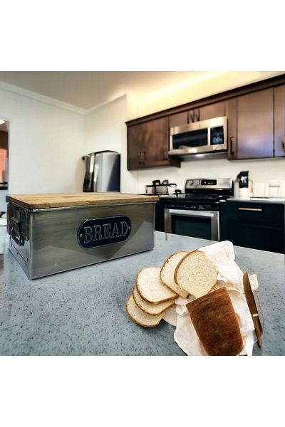 LUCKYHOMES Gold Galvanized Rectangular Cornered Wooden Bread Box - 45X22X15