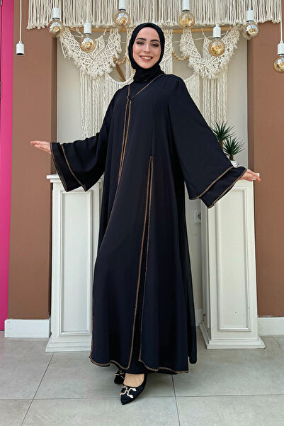 Bym Fashion Black Stone Embroidered Abaya and Dress Set - 3873