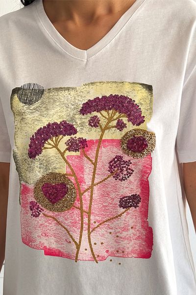 FEMELLE Tricou alb cu decolteu în V cu paiete de mărime mare - 100% bumbac