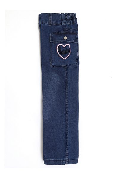 DobaKids Girl's Jeans - 6-10 Years, Embroidery Detail and Cargo Pocket, Navy Blue