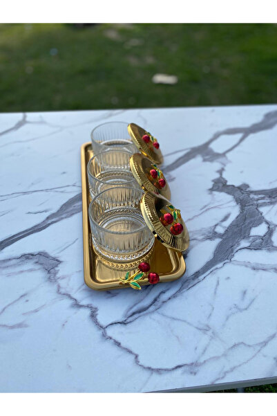 Aslı Hediyelik Elysia Gold 3-Piece Cherry Snack Bowl Set - Glass Bowl with Presentation, Spice Bowl, Ice Cream and Catering Features