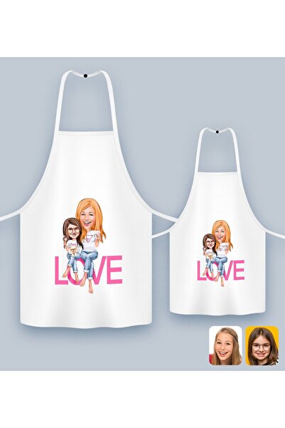 Bk Gift Kişiye Özel İkili Anne Kız Karikatürlü Mutfak Önlüğü Seti-8, Anneye H...