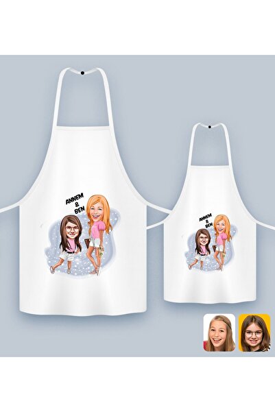 Bk Gift Kişiye Özel İkili Anne Kız Karikatürlü Mutfak Önlüğü Seti-5, Anneye H...