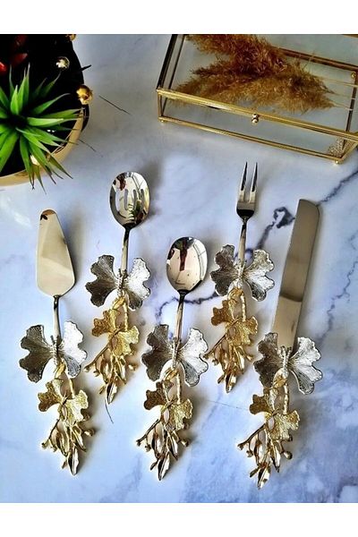 Begin Power Gold Color 5 Piece Butterfly Patterned Handle Steel Serving Set