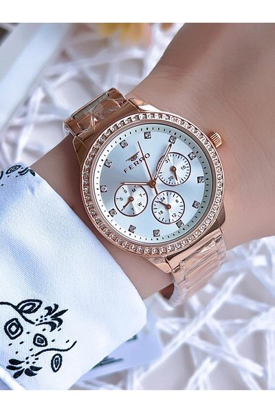 FERRO Rose Gold Women's Wristwatch - 3 Atm Steel Cord, Internal Functions Active BFM21077AWT-C