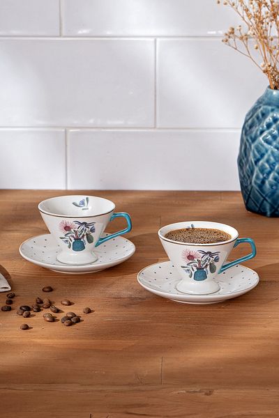 Emsan 80 ml Bouquet New Bone Coffee Cup Set for 2 People