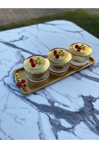 Aslı Hediyelik Elysia Gold 3-Piece Cherry Snack Bowl Set - Glass Bowl with Presentation, Spice Bowl, Ice Cream and Catering Features