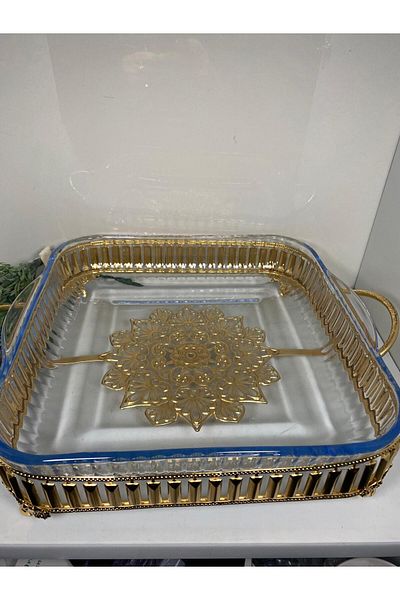 elif aksesuar Large Glass Presentation Plate - Gold Metal Stand