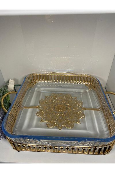 elif aksesuar Large Glass Presentation Plate - Gold Metal Stand