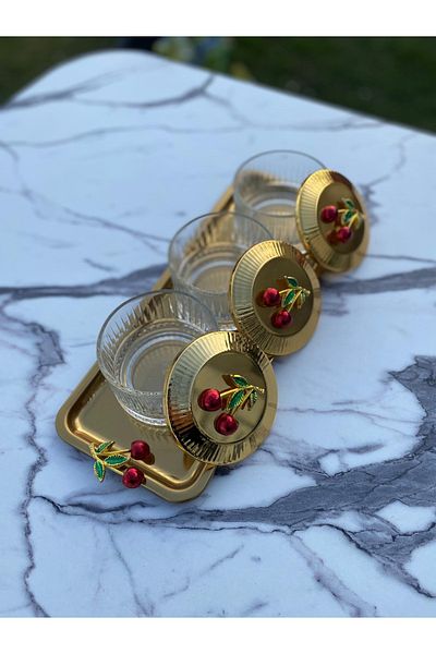 NEWTREND Züccaciye Elysia Gold 3-Piece Cherry Snack Bowl Set - Glass Bowl with Presentation, Spice Bowl, Ice Cream and Catering Features