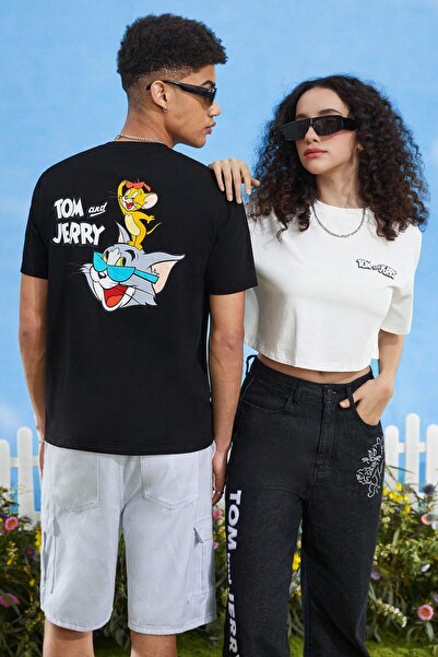 MODAGEN Tom and Jerry Printed Black-White Crop T-Shirt - Crew Neck