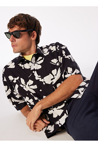 Jack & Jones Geniş Fit Siyah Erkek Gömlek JORFARO LINEN AOP OVERSIZED SHIRT S