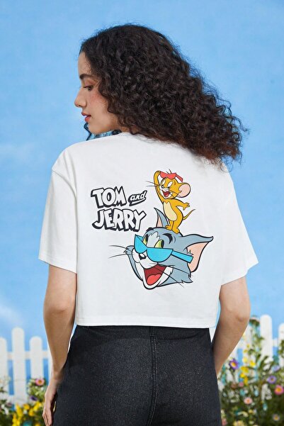 MODAGEN Tom and Jerry Printed Black-White Crop T-Shirt - Crew Neck