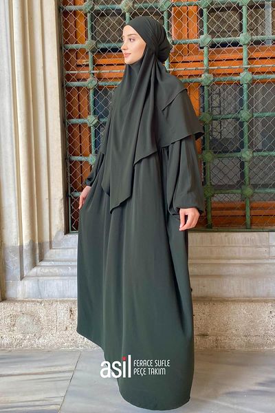 ASİLNUR Χακί Χρώμα Noble Ferace and Souffle Veil Set - Σετ τριών τεμαχίων