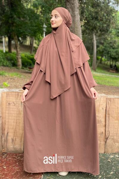 ASİLNUR Asil Ferace Sufle Peçe Takım Kapiçino (ÜÇ PARÇA SET)