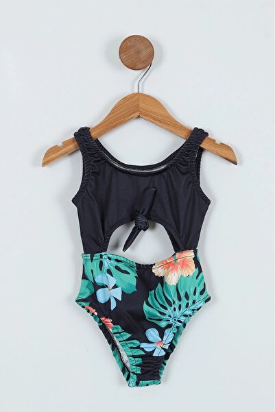 Butik Lena Siyah Bağlamalı Desenli Kız Çocuk Bikini Mayo Takım