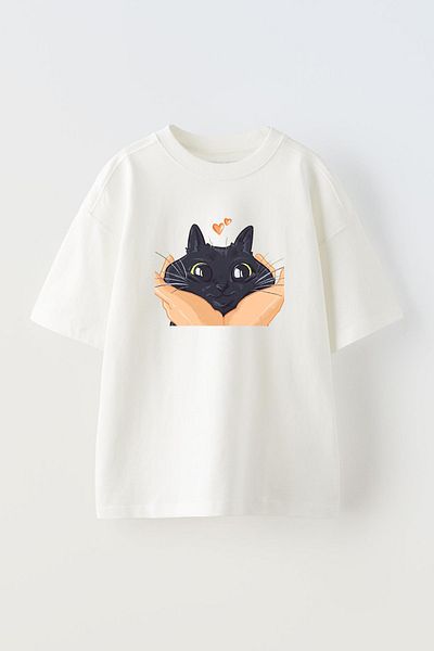 NMG TEKSTİL Λευκό Oversize Βαμβακερό - Unisex T-shirt με στάμπα Kitten στο παλάμη