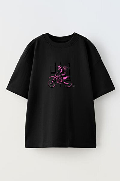 NMG TEKSTİL Unisex Siyah Oversize Pamuk Hello Pembe Motorcu Kız Baskılı Örme ...