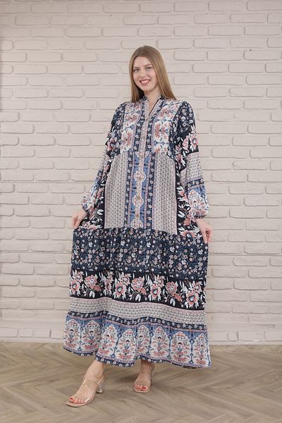 mervemoda Γυναικείο φόρεμα Plus Size - Μπροστά με κουμπιά και υφαντό